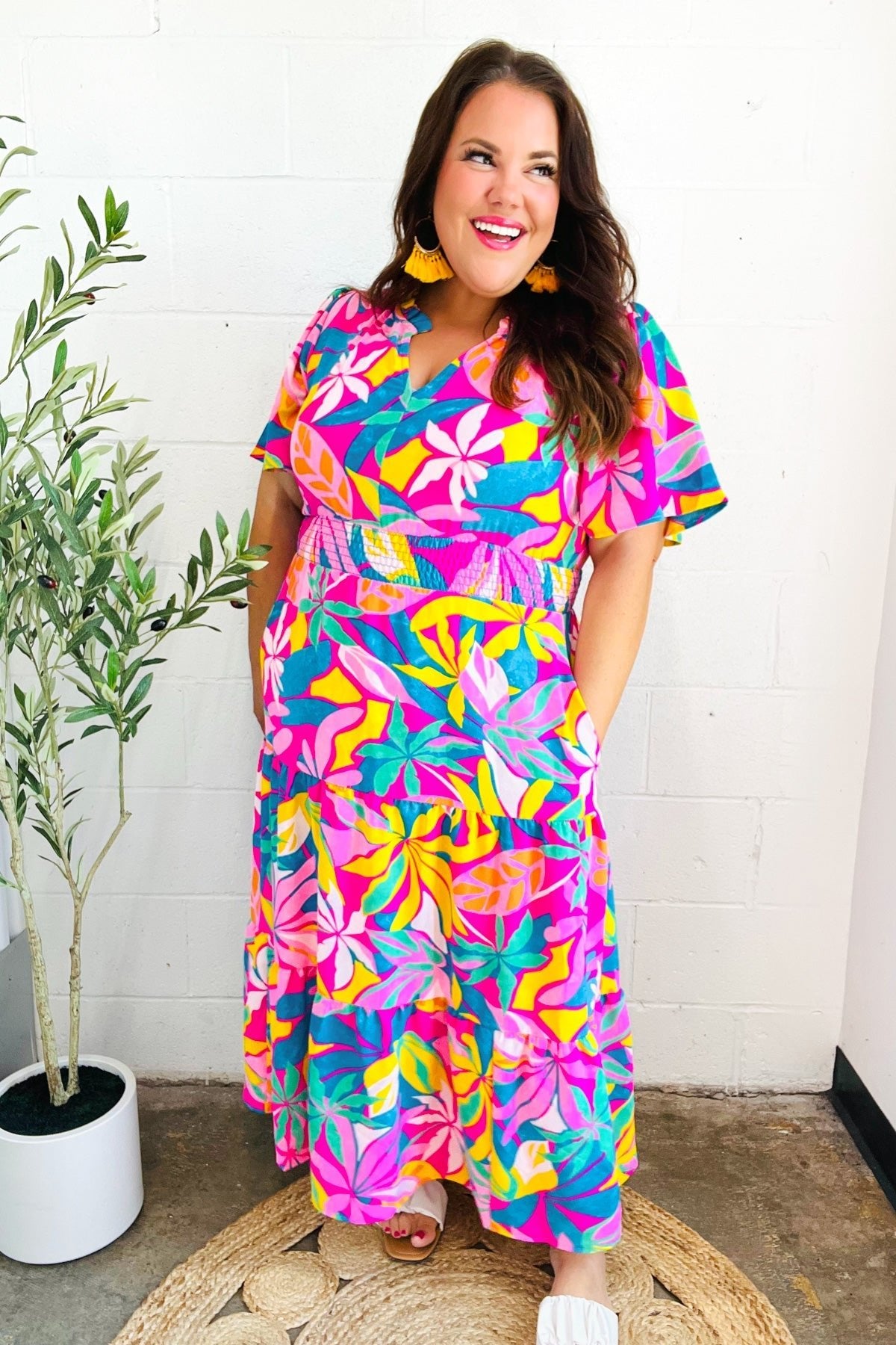 Tropical Trance Fuchsia Floral Smocked Waist Maxi Dress - Bitsy Gypsy Boutique