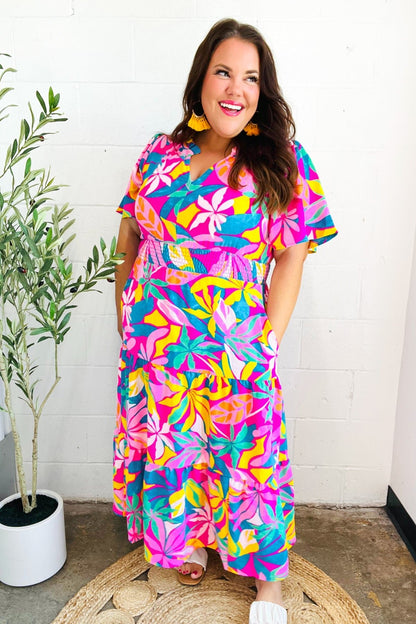 Tropical Trance Fuchsia Floral Smocked Waist Maxi Dress - Bitsy Gypsy Boutique