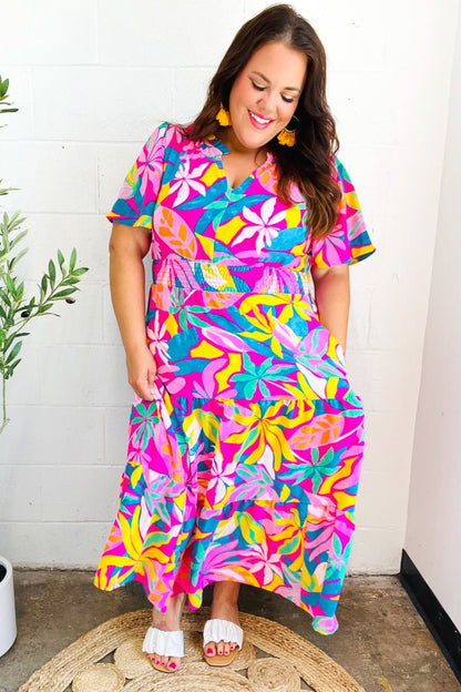 Tropical Trance Fuchsia Floral Smocked Waist Maxi Dress - Bitsy Gypsy Boutique
