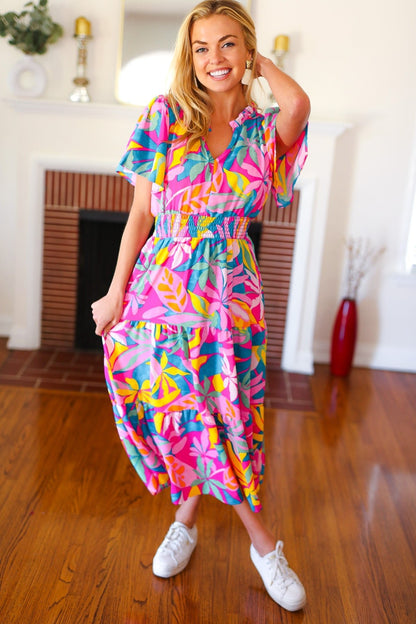 Tropical Trance Fuchsia Floral Smocked Waist Maxi Dress - Bitsy Gypsy Boutique