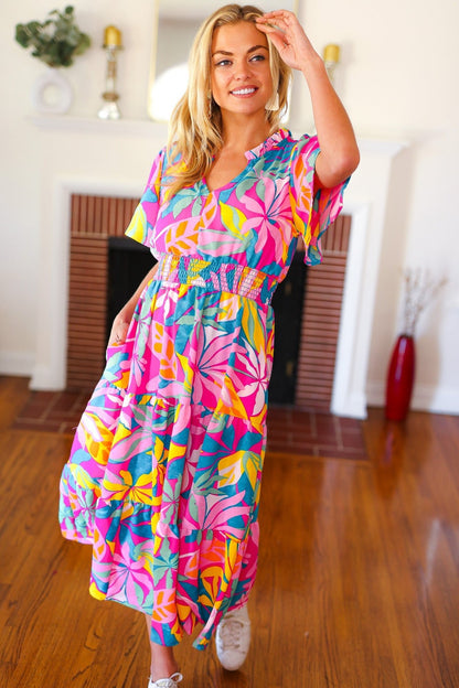Tropical Trance Fuchsia Floral Smocked Waist Maxi Dress - Bitsy Gypsy Boutique