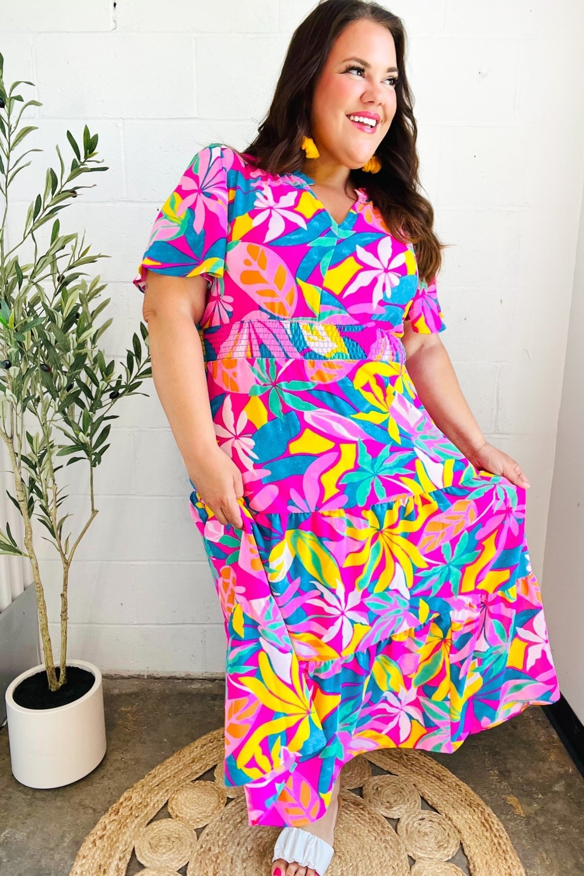 Tropical Trance Fuchsia Floral Smocked Waist Maxi Dress - Bitsy Gypsy Boutique