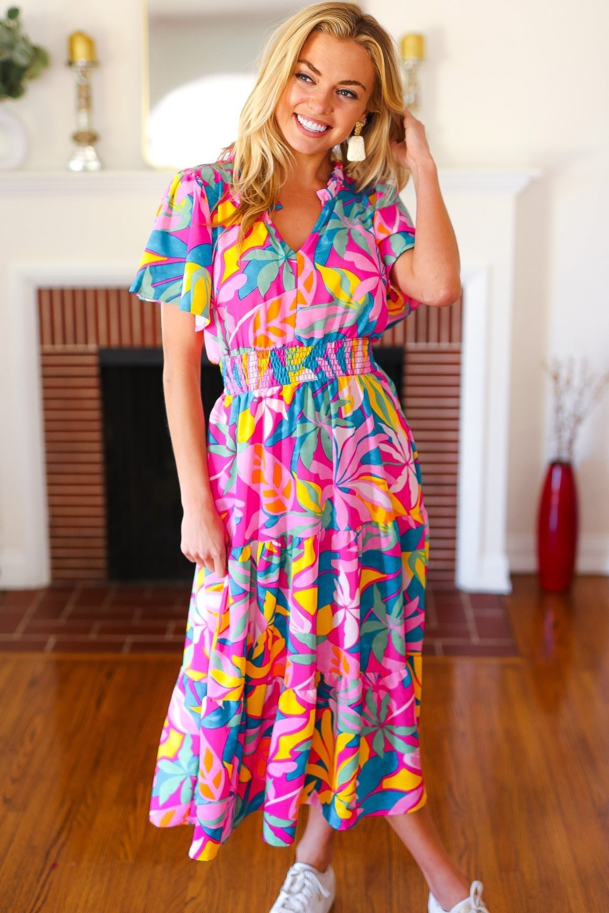 Tropical Trance Fuchsia Floral Smocked Waist Maxi Dress - Bitsy Gypsy Boutique