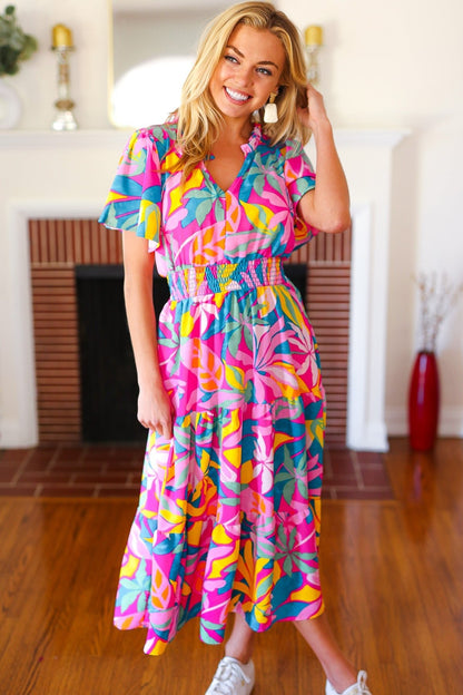 Tropical Trance Fuchsia Floral Smocked Waist Maxi Dress - Bitsy Gypsy Boutique