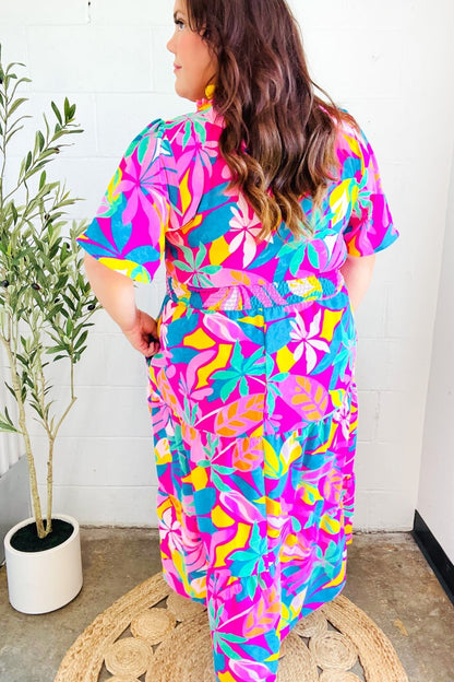 Tropical Trance Fuchsia Floral Smocked Waist Maxi Dress - Bitsy Gypsy Boutique