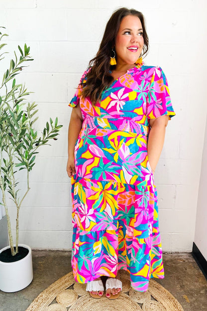 Tropical Trance Fuchsia Floral Smocked Waist Maxi Dress - Bitsy Gypsy Boutique