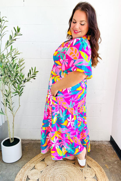 Tropical Trance Fuchsia Floral Smocked Waist Maxi Dress - Bitsy Gypsy Boutique