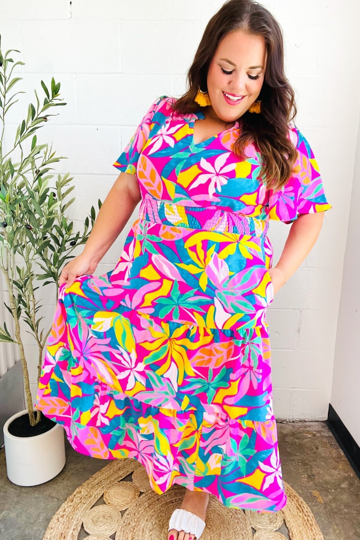 Tropical Trance Fuchsia Floral Smocked Waist Maxi Dress - Bitsy Gypsy Boutique