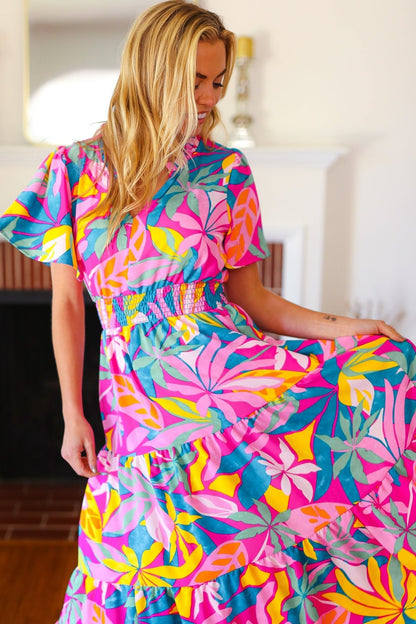 Tropical Trance Fuchsia Floral Smocked Waist Maxi Dress - Bitsy Gypsy Boutique