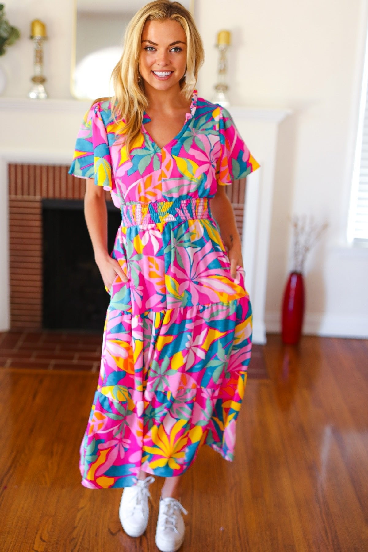 Tropical Trance Fuchsia Floral Smocked Waist Maxi Dress - Bitsy Gypsy Boutique