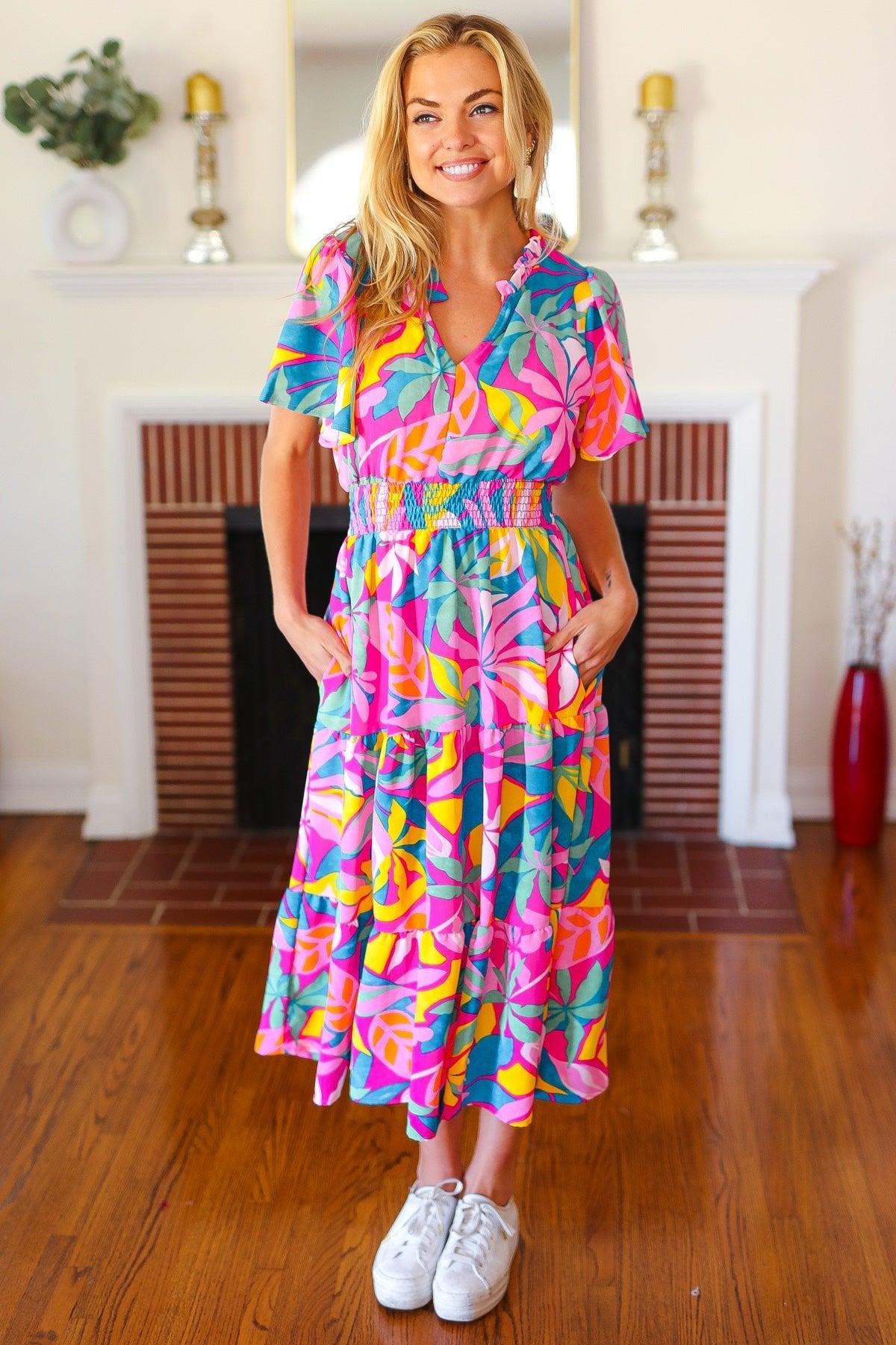 Tropical Trance Fuchsia Floral Smocked Waist Maxi Dress - Bitsy Gypsy Boutique