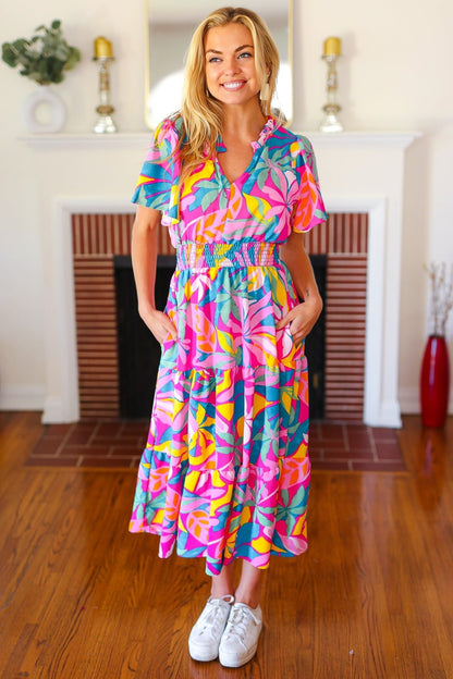 Tropical Trance Fuchsia Floral Smocked Waist Maxi Dress - Bitsy Gypsy Boutique