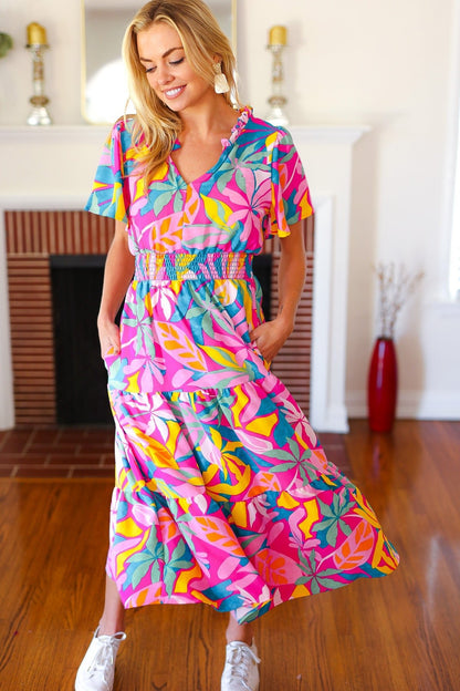 Tropical Trance Fuchsia Floral Smocked Waist Maxi Dress - Bitsy Gypsy Boutique