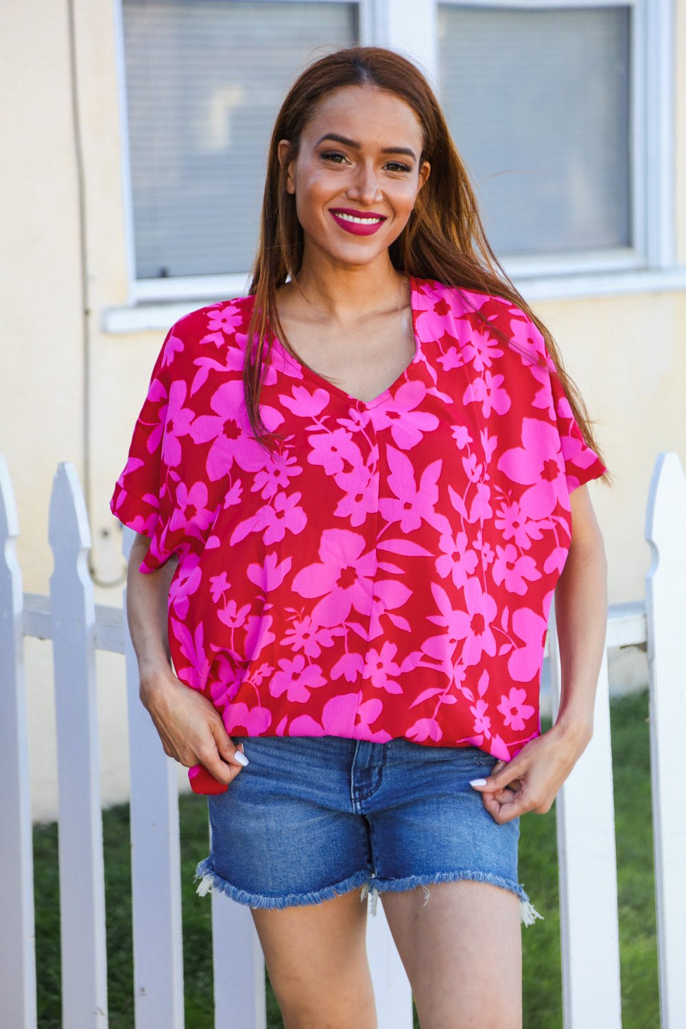 Tropical Trance Magenta Floral V Neck Woven Top - Bitsy Gypsy Boutique