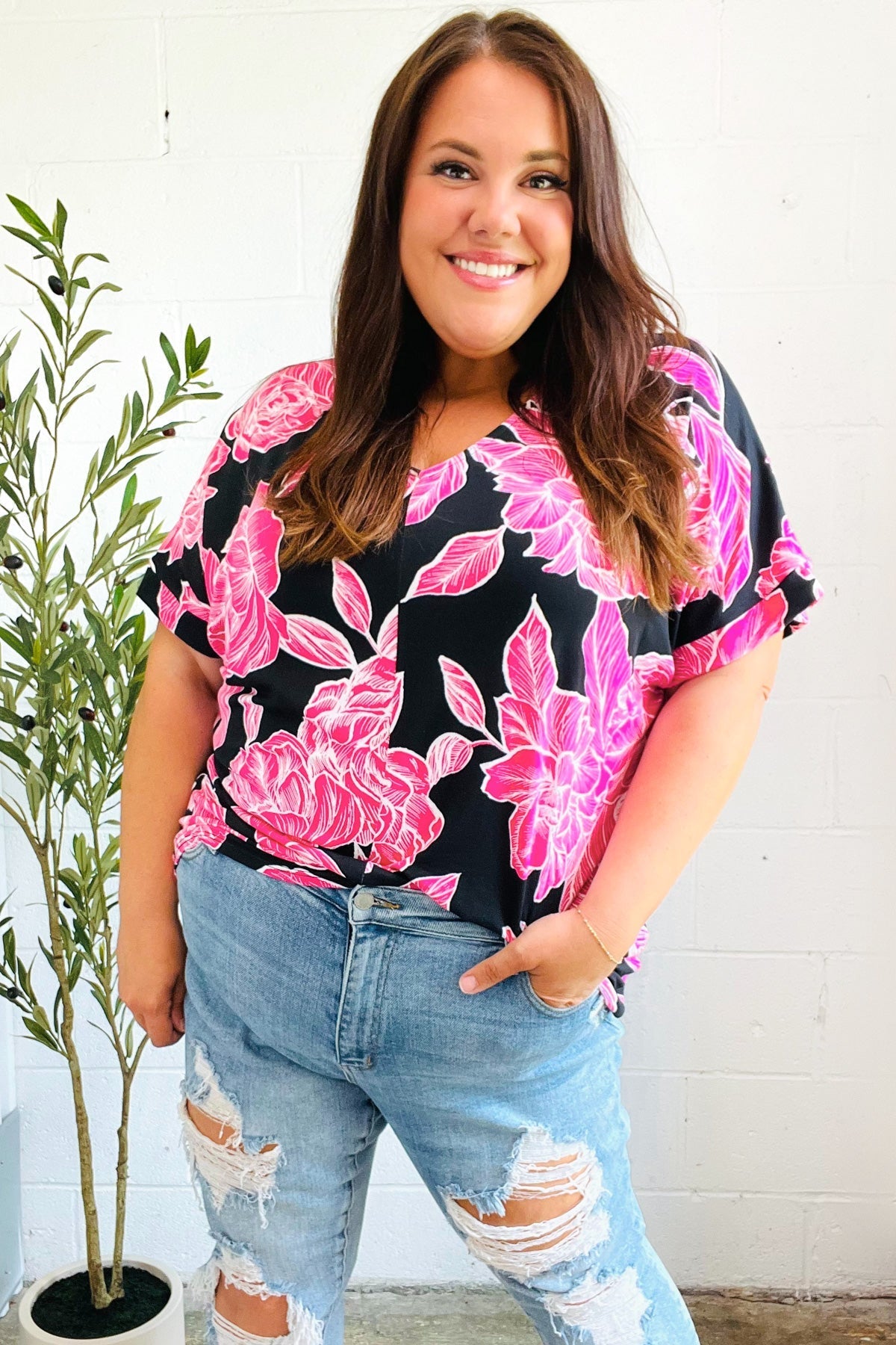Tropical Vibes Black & Hot Pink Floral V Neck Top - Bitsy Gypsy Boutique