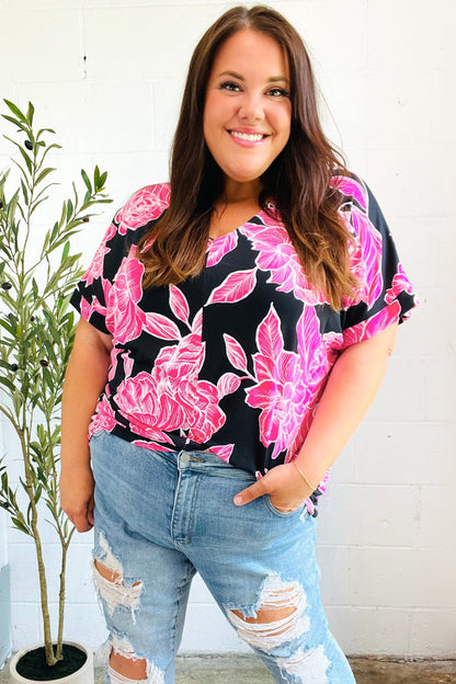 Tropical Vibes Black & Hot Pink Floral V Neck Top - Bitsy Gypsy Boutique