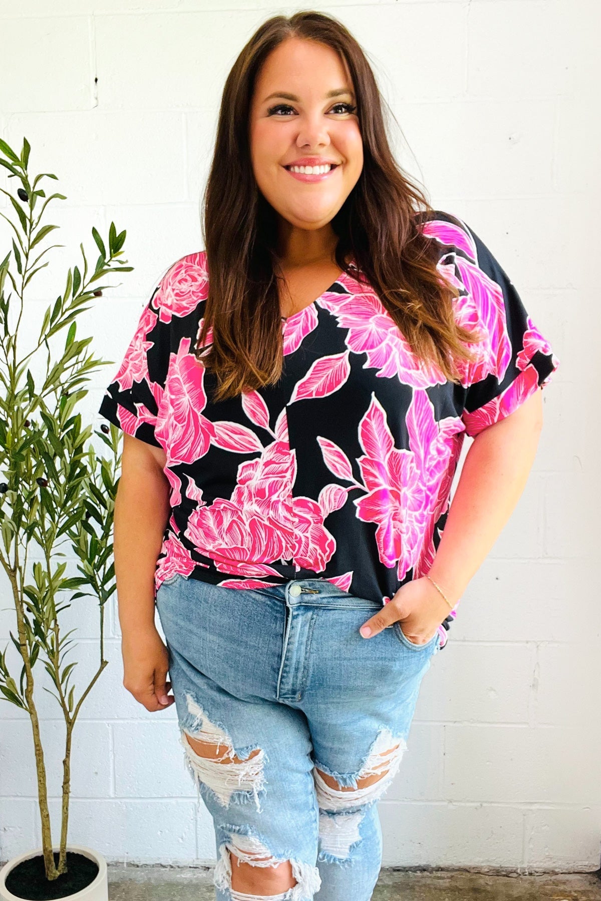 Tropical Vibes Black & Hot Pink Floral V Neck Top - Bitsy Gypsy Boutique