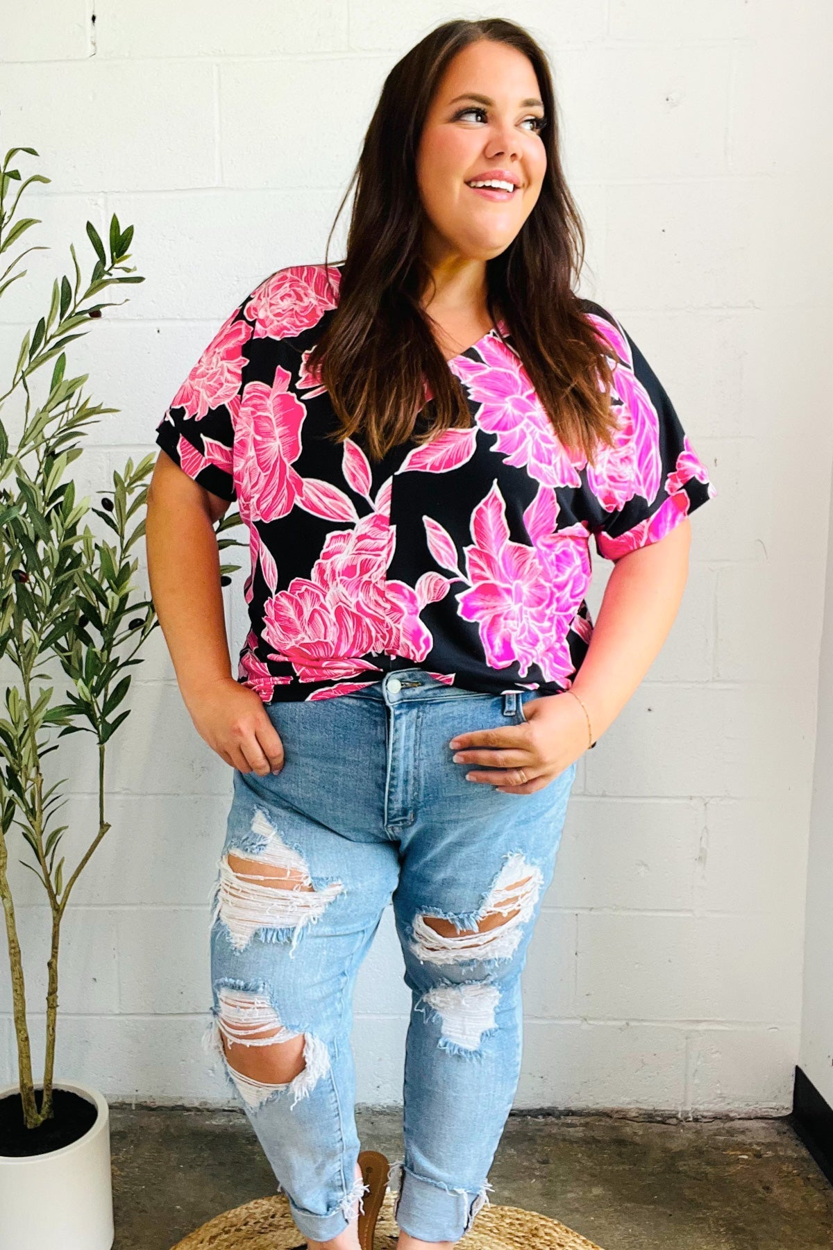 Tropical Vibes Black & Hot Pink Floral V Neck Top - Bitsy Gypsy Boutique