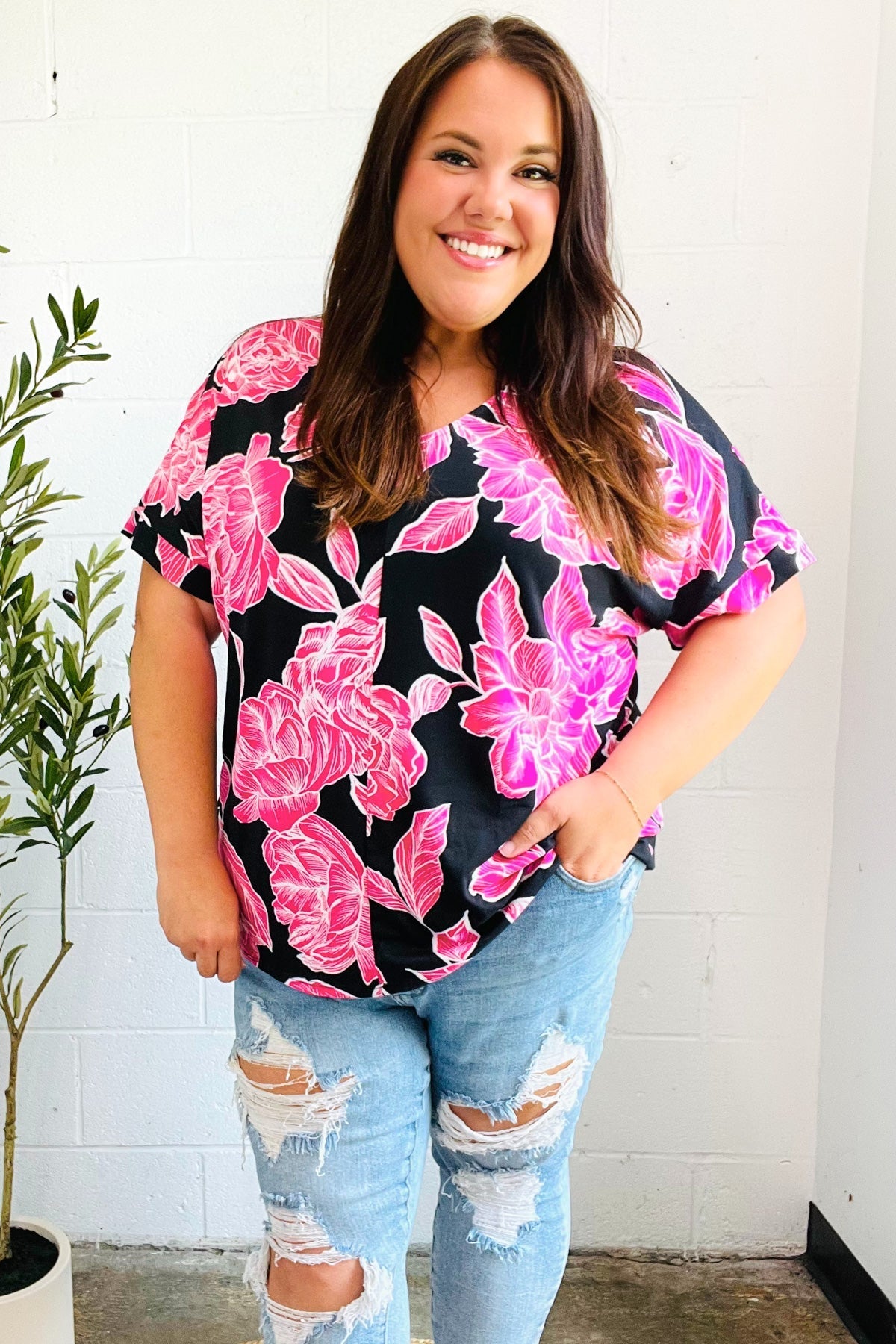 Tropical Vibes Black & Hot Pink Floral V Neck Top - Bitsy Gypsy Boutique
