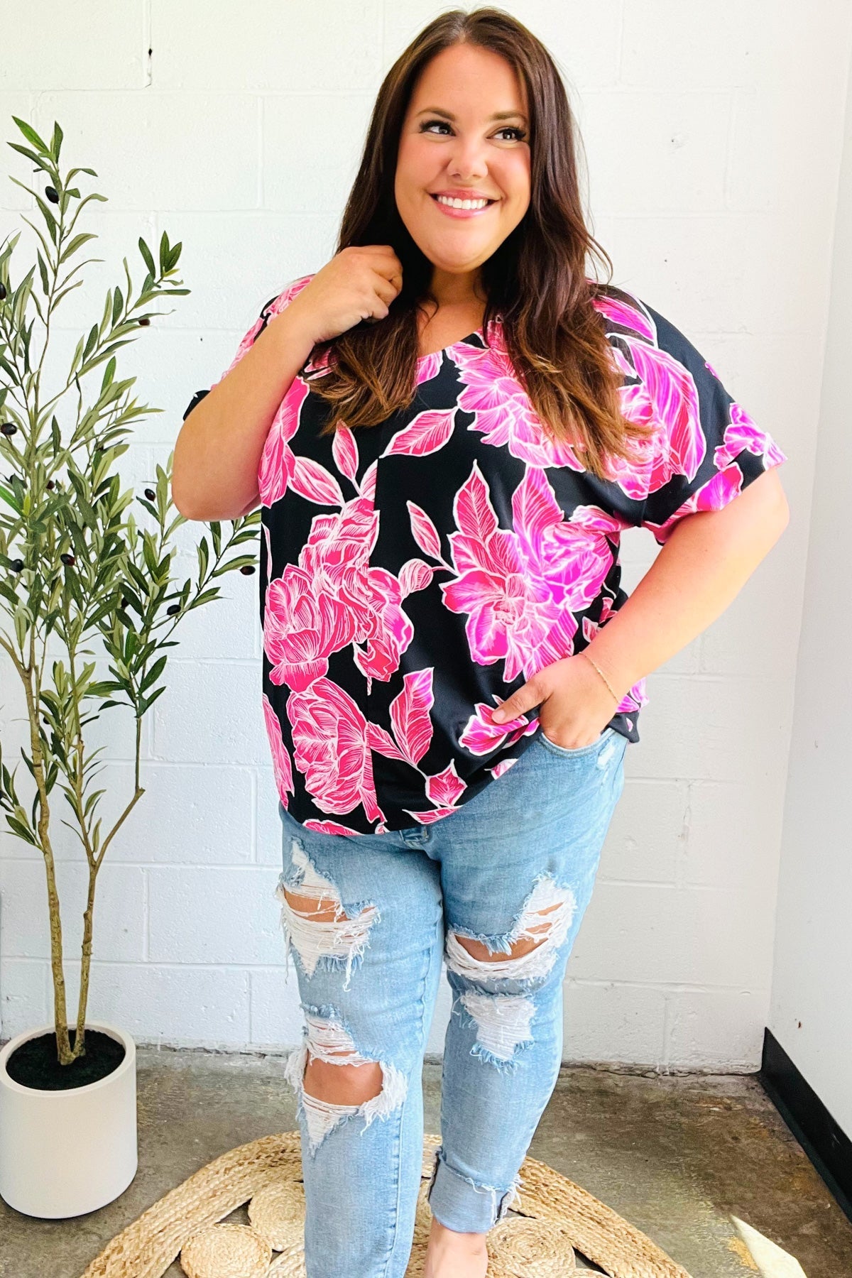 Tropical Vibes Black & Hot Pink Floral V Neck Top - Bitsy Gypsy Boutique