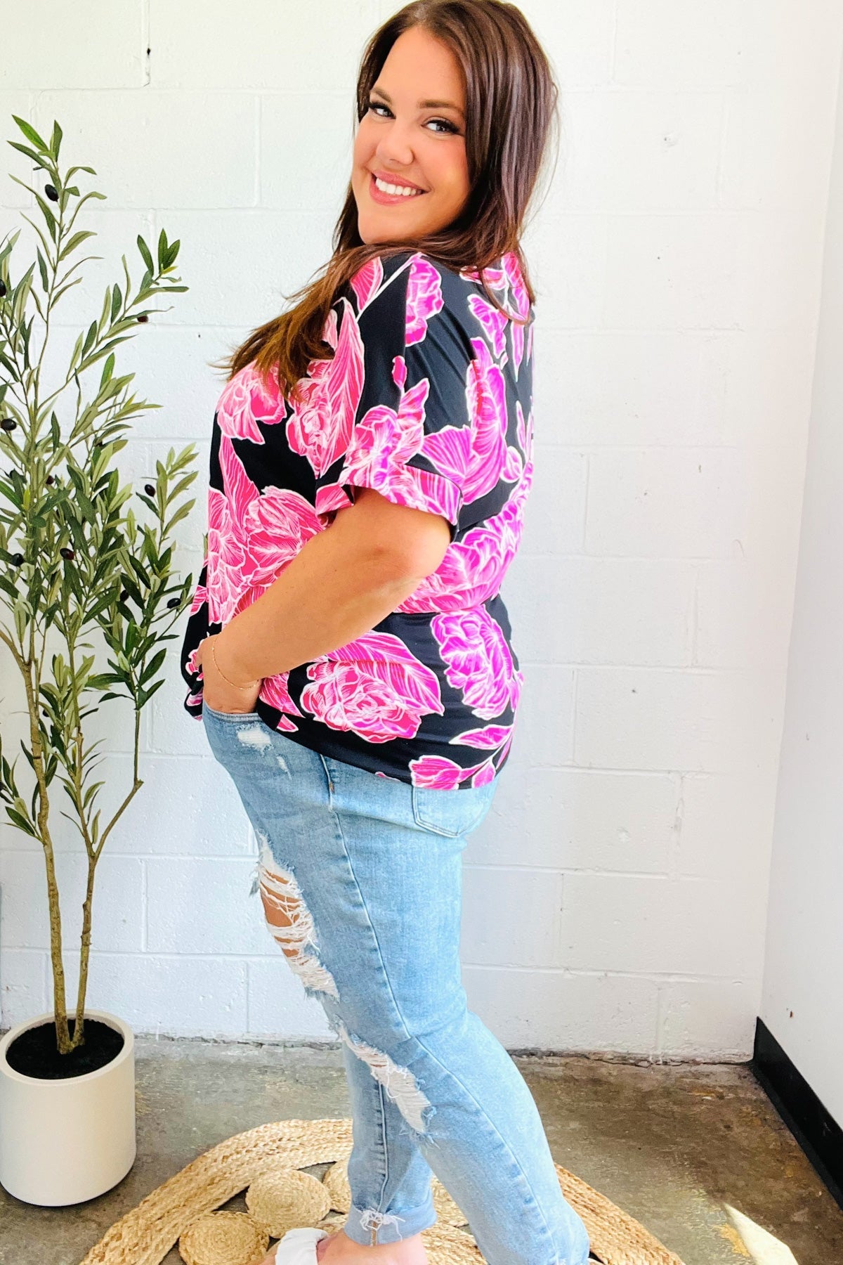 Tropical Vibes Black & Hot Pink Floral V Neck Top - Bitsy Gypsy Boutique