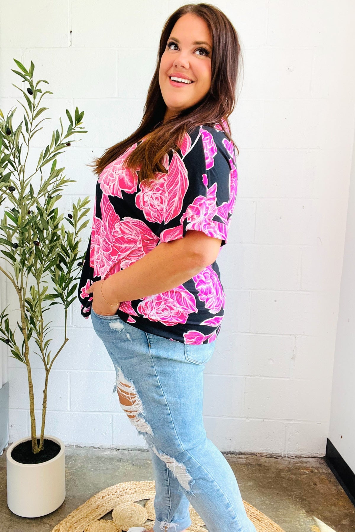 Tropical Vibes Black & Hot Pink Floral V Neck Top - Bitsy Gypsy Boutique