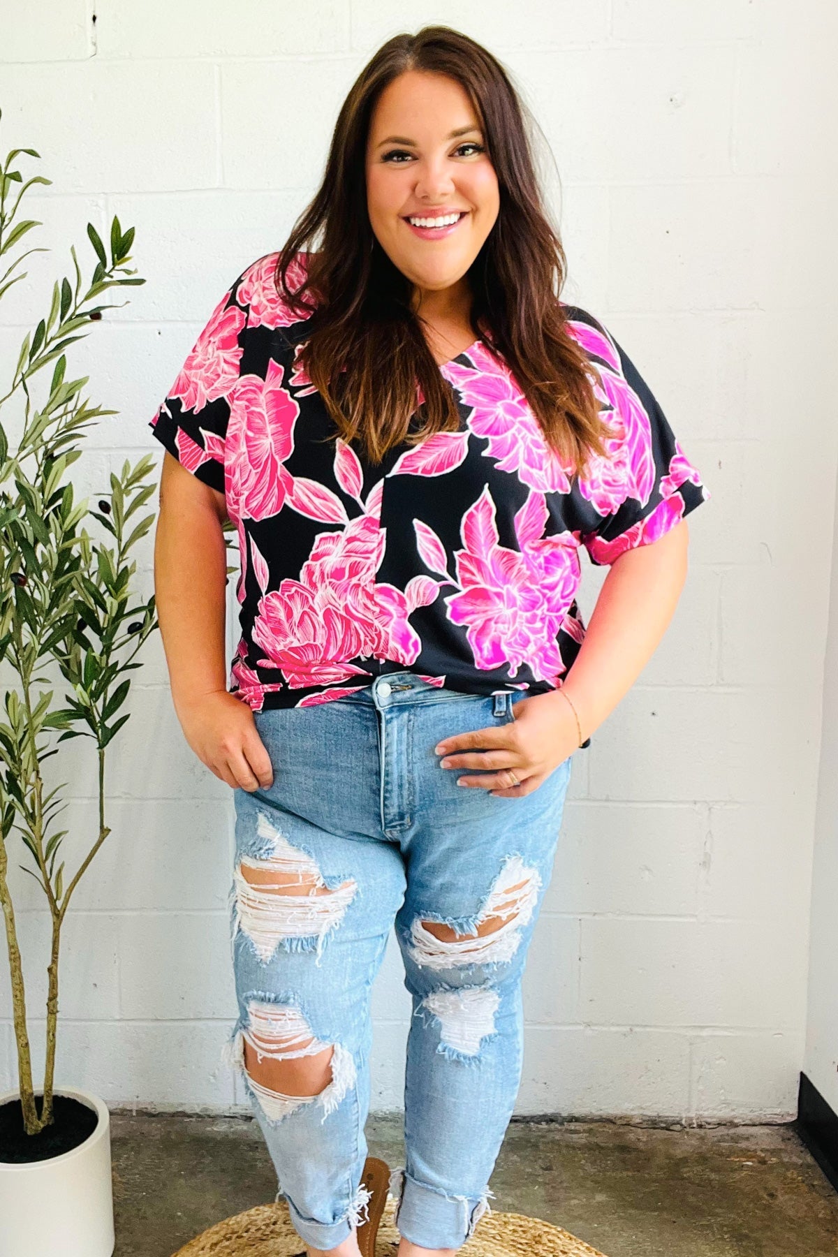 Tropical Vibes Black & Hot Pink Floral V Neck Top - Bitsy Gypsy Boutique
