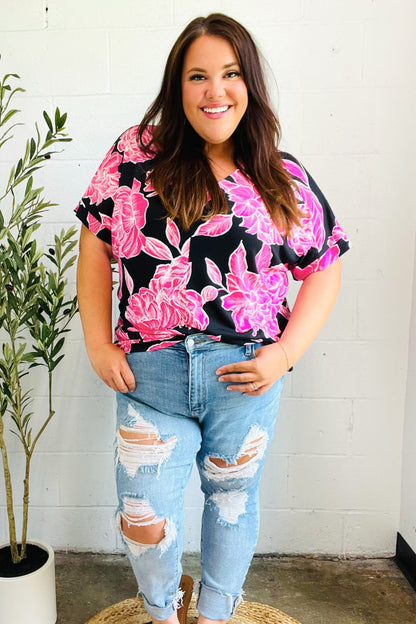 Tropical Vibes Black & Hot Pink Floral V Neck Top - Bitsy Gypsy Boutique