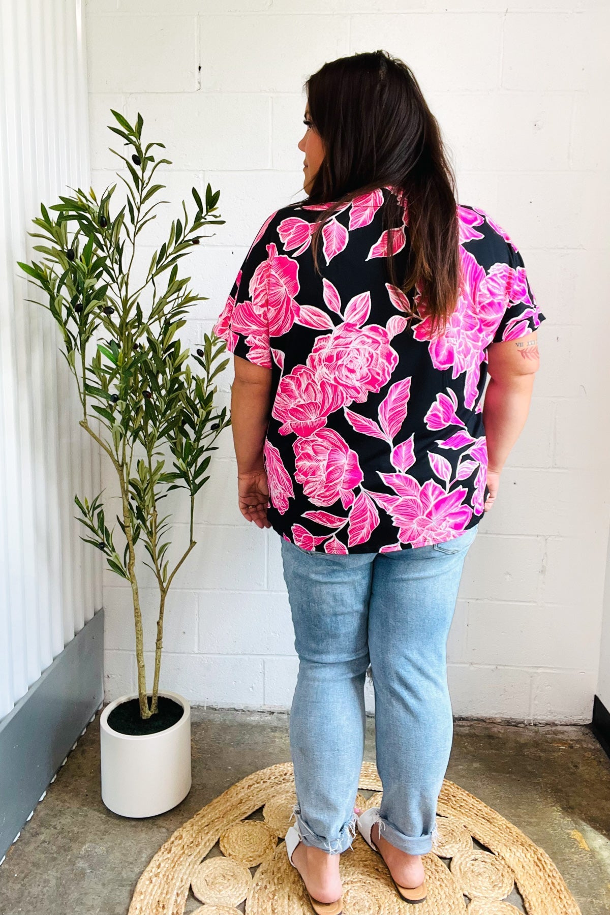 Tropical Vibes Black & Hot Pink Floral V Neck Top - Bitsy Gypsy Boutique