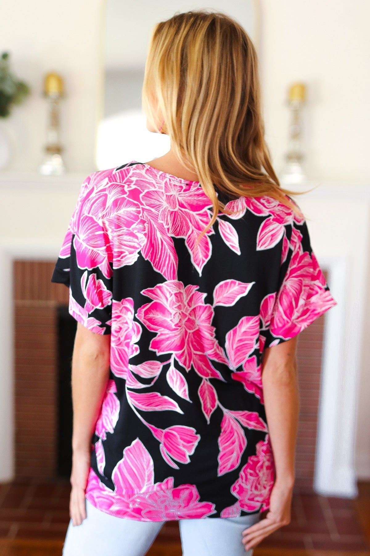 Tropical Vibes Black & Hot Pink Floral V Neck Top - Bitsy Gypsy Boutique