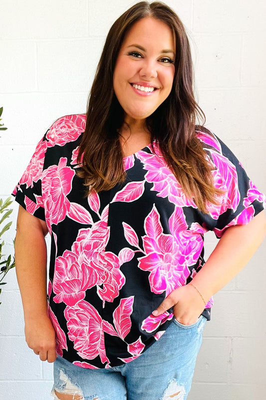 Tropical Vibes Black & Hot Pink Floral V Neck Top - Bitsy Gypsy Boutique