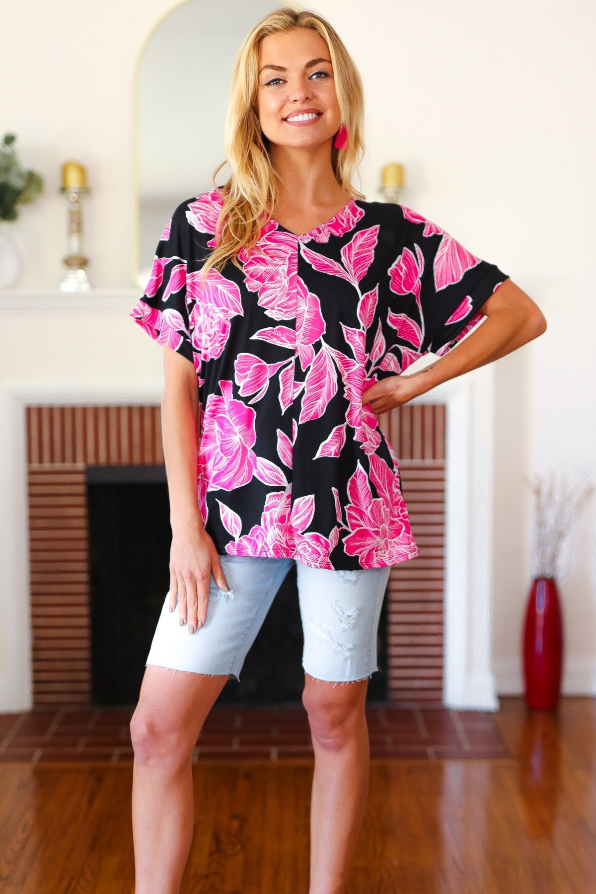 Tropical Vibes Black & Hot Pink Floral V Neck Top - Bitsy Gypsy Boutique