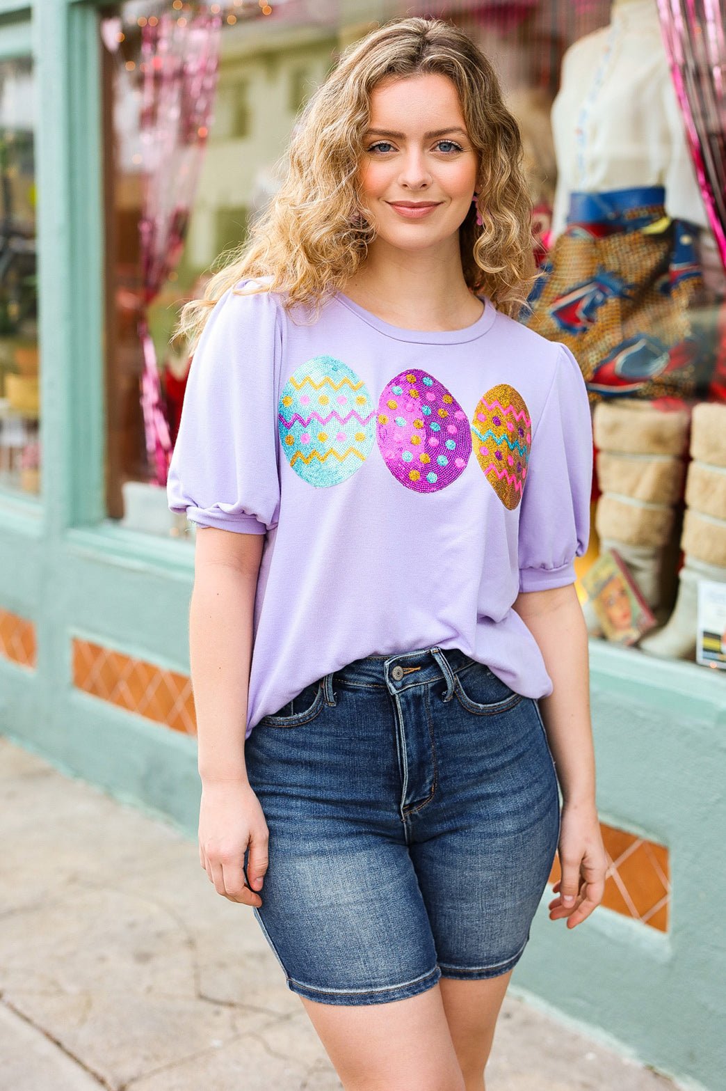 Turn Heads Lilac Sequin Easter Egg Terry Top - Bitsy Gypsy Boutique