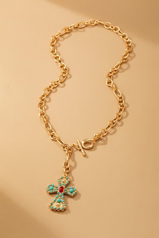 Turquoise Cross Toggle Chain Necklace - Bitsy Gypsy Boutique