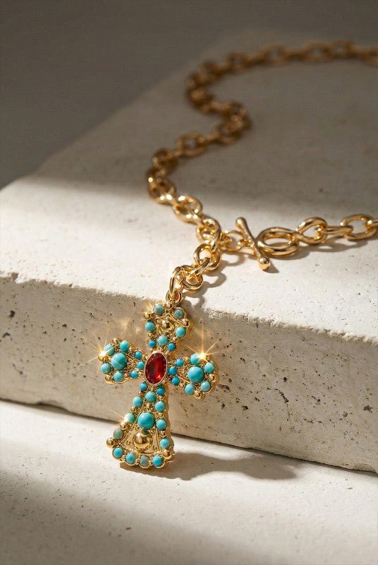 Turquoise Cross Toggle Chain Necklace - Bitsy Gypsy Boutique