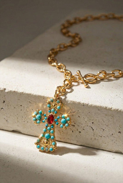 Turquoise Cross Toggle Chain Necklace - Bitsy Gypsy Boutique