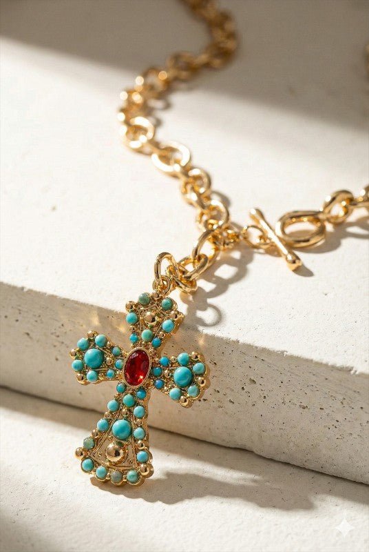 Turquoise Cross Toggle Chain Necklace - Bitsy Gypsy Boutique
