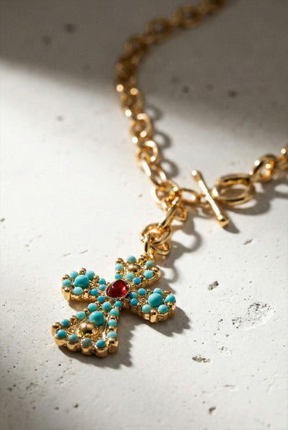Turquoise Cross Toggle Chain Necklace - Bitsy Gypsy Boutique
