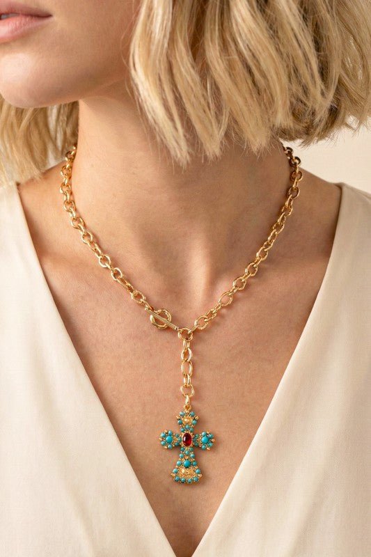 Turquoise Cross Toggle Chain Necklace - Bitsy Gypsy Boutique