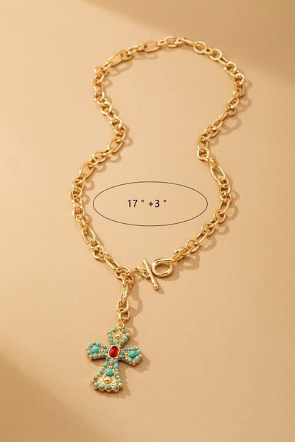 Turquoise Cross Toggle Chain Necklace - Bitsy Gypsy Boutique