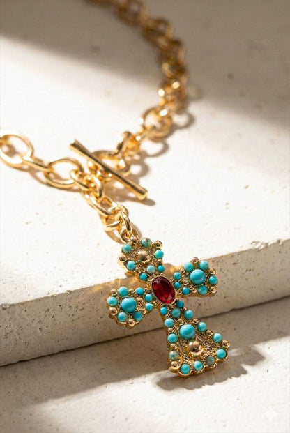 Turquoise Cross Toggle Chain Necklace - Bitsy Gypsy Boutique