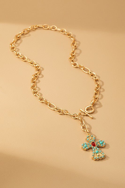 Turquoise Cross Toggle Chain Necklace - Bitsy Gypsy Boutique