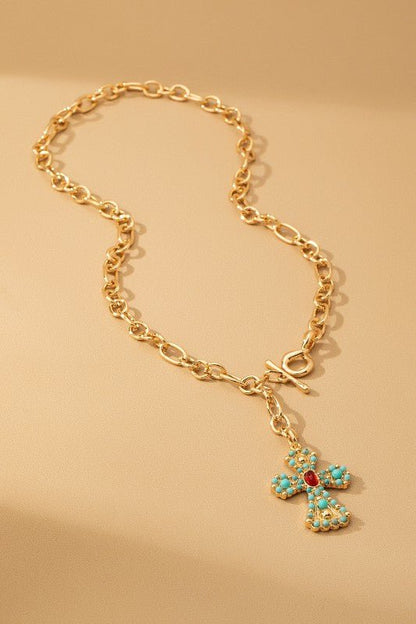Turquoise Cross Toggle Chain Necklace - Bitsy Gypsy Boutique