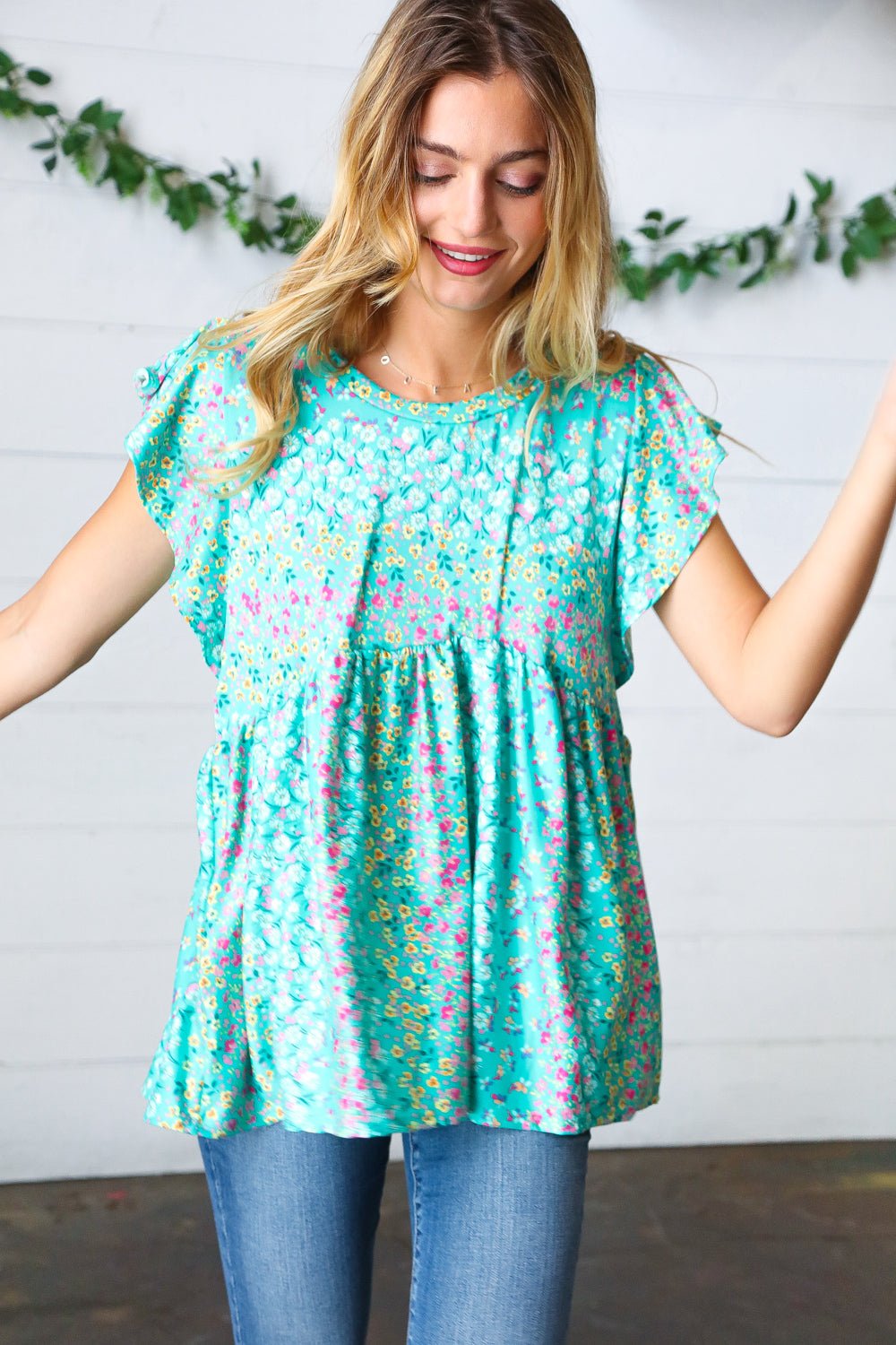 Turquoise Floral Stripe Babydoll Top - Bitsy Gypsy Boutique