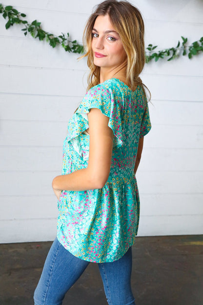 Turquoise Floral Stripe Babydoll Top - Bitsy Gypsy Boutique