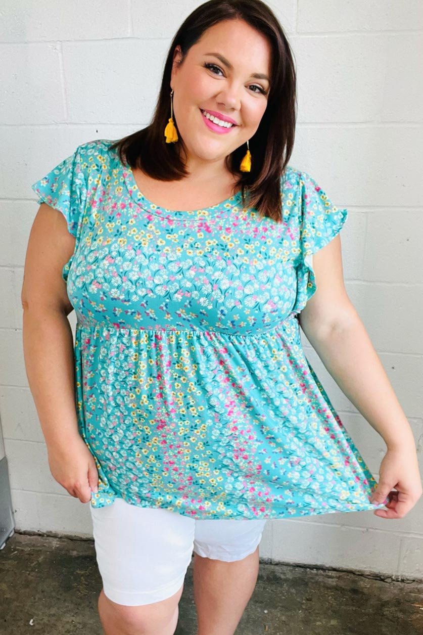 Turquoise Floral Stripe Babydoll Top - Bitsy Gypsy Boutique