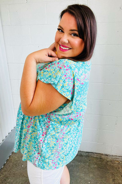 Turquoise Floral Stripe Babydoll Top - Bitsy Gypsy Boutique