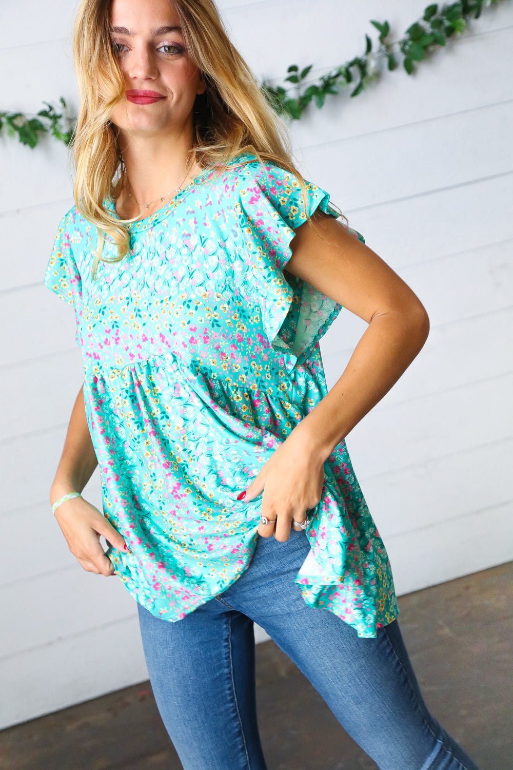 Turquoise Floral Stripe Babydoll Top - Bitsy Gypsy Boutique