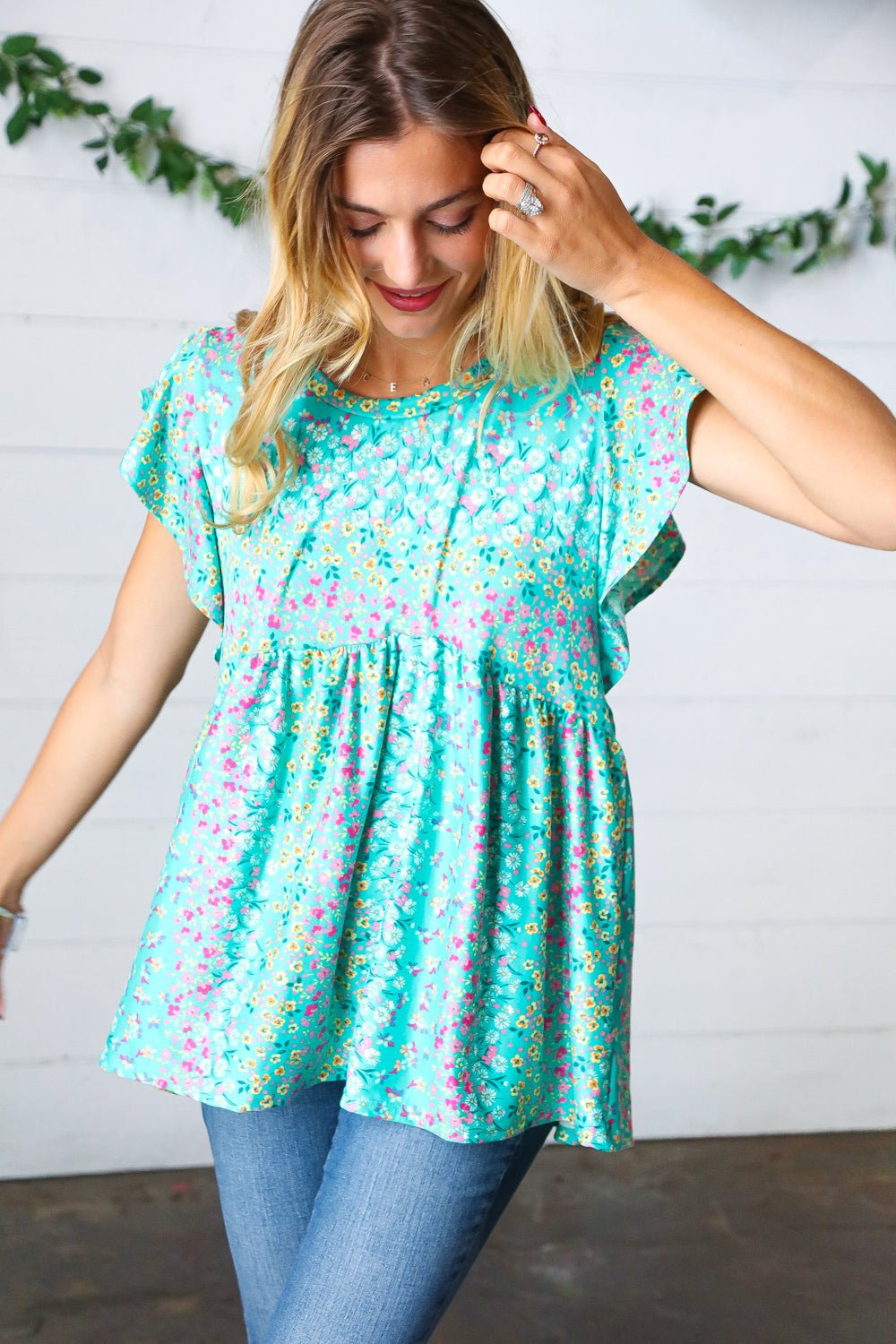 Turquoise Floral Stripe Babydoll Top - Bitsy Gypsy Boutique