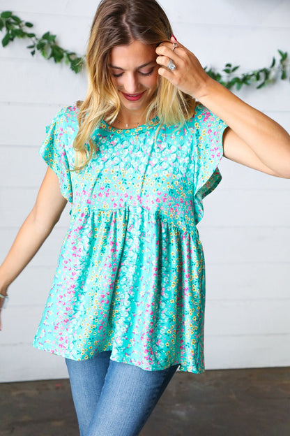 Turquoise Floral Stripe Babydoll Top - Bitsy Gypsy Boutique